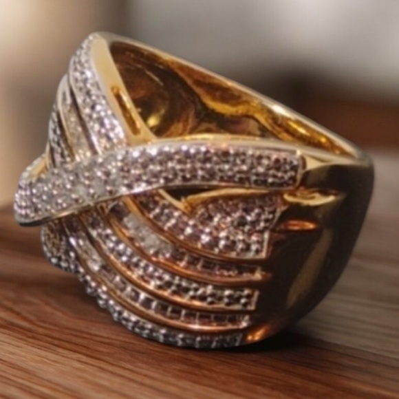 KRN-BR Made Crossover Cocktail Ring Gold With Crystal Accents Size 7 - Picture 10 of 11
